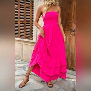 New Strapless Smocked Tiered Ruffle Maxi Dress Hot Pink